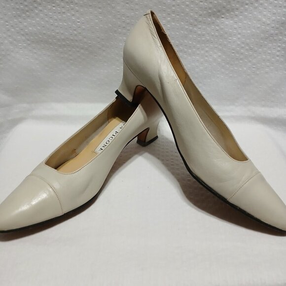 EVAN PICONE RAFFI CREAM NAPPA LEATHER SLIP ON PUMPS BLOCK HEEL SIZE 7.5 - Picture 3 of 7
